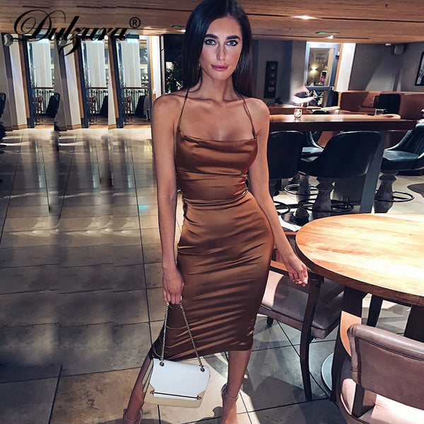 Long satin bodycon clearance dress