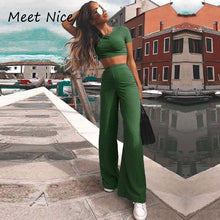 Load image into Gallery viewer, Two Piece Set Women Ribbed O Neck Crop Top and Long Pants Set

