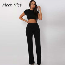 Load image into Gallery viewer, Two Piece Set Women Ribbed O Neck Crop Top and Long Pants Set
