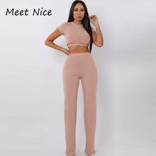 Load image into Gallery viewer, Two Piece Set Women Ribbed O Neck Crop Top and Long Pants Set
