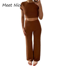 Load image into Gallery viewer, Two Piece Set Women Ribbed O Neck Crop Top and Long Pants Set
