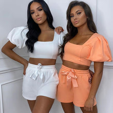 Load image into Gallery viewer, Square Collar Short Puff Sleeve Crop Top &amp; Shorts
