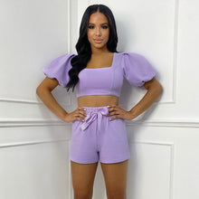 Load image into Gallery viewer, Square Collar Short Puff Sleeve Crop Top &amp; Shorts
