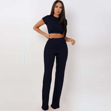 Load image into Gallery viewer, Two Piece Set Women Ribbed O Neck Crop Top and Long Pants Set
