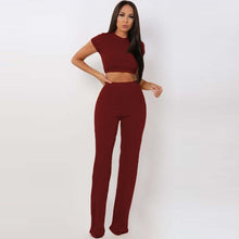 Load image into Gallery viewer, Two Piece Set Women Ribbed O Neck Crop Top and Long Pants Set
