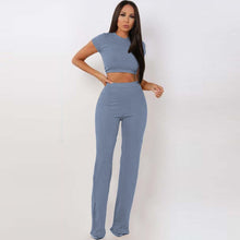 Load image into Gallery viewer, Two Piece Set Women Ribbed O Neck Crop Top and Long Pants Set
