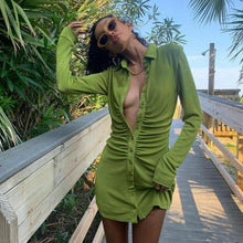 Load image into Gallery viewer, Turn-Down Collar Green Shirt Dress
