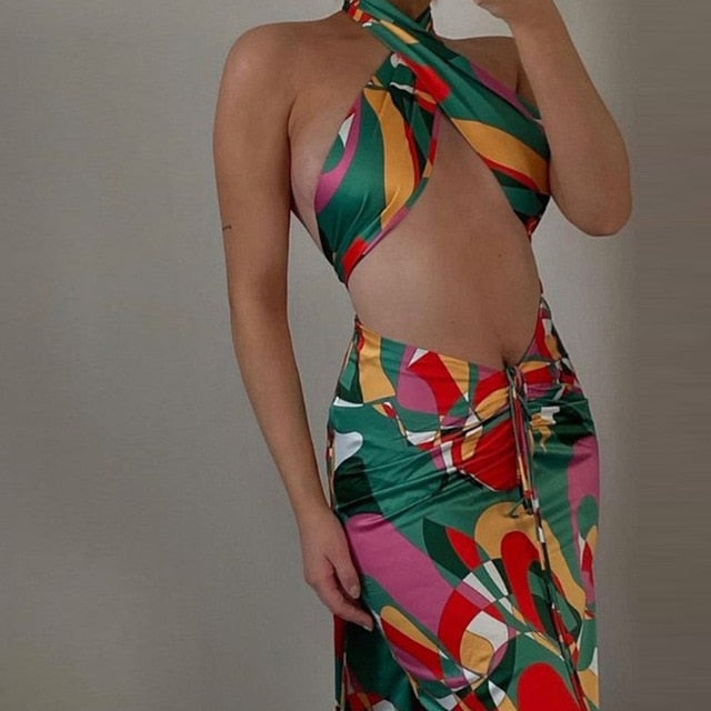 Two Piece Halter Bandage Top & Ruched Drawstring Midi Skirt