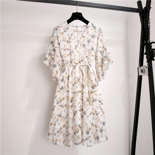 Chiffon V-Neck Floral Print Short Dress