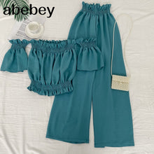Load image into Gallery viewer, Off the shoulder Slash neck short Top + high waist slim wide leg Pants two piece set
