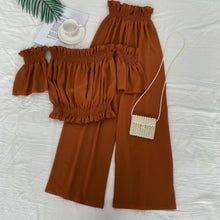 Load image into Gallery viewer, Off the shoulder Slash neck short Top + high waist slim wide leg Pants two piece set

