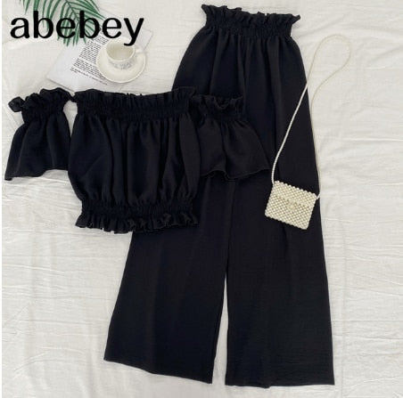 Off the shoulder Slash neck short Top + high waist slim wide leg Pants two piece set