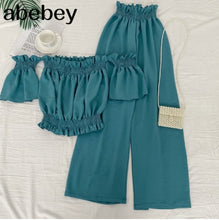Load image into Gallery viewer, Off the shoulder Slash neck short Top + high waist slim wide leg Pants two piece set
