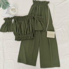 Load image into Gallery viewer, Off the shoulder Slash neck short Top + high waist slim wide leg Pants two piece set
