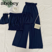 Load image into Gallery viewer, Off the shoulder Slash neck short Top + high waist slim wide leg Pants two piece set
