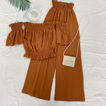Load image into Gallery viewer, Off the shoulder Slash neck short Top + high waist slim wide leg Pants two piece set
