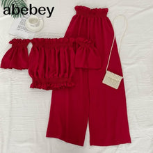 Load image into Gallery viewer, Off the shoulder Slash neck short Top + high waist slim wide leg Pants two piece set
