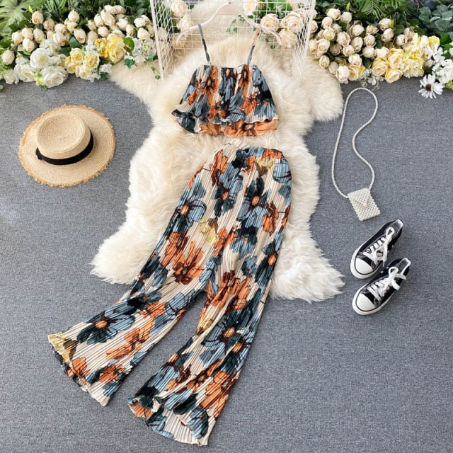 Printed Short Camisole & Pleated High-waist Wide-leg Pants